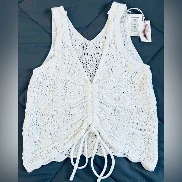 NWT JESSICA SIMPSON White Hollowed Knit V-Neck Drawstring Vest. Size: Small - Picture 5 of 8
